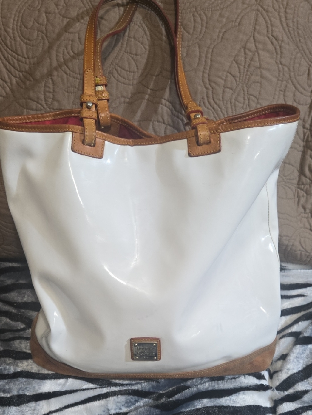Dooney & Bourke White Patent Tote with Tan Leather Trim
